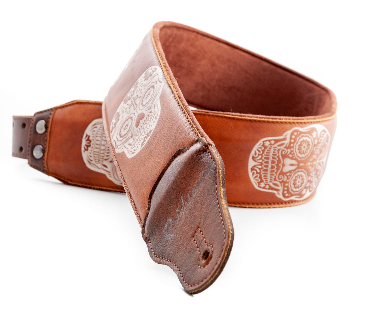RightOn! Leathercraft Sugar Skulls Guitar Strap – Woody Brown