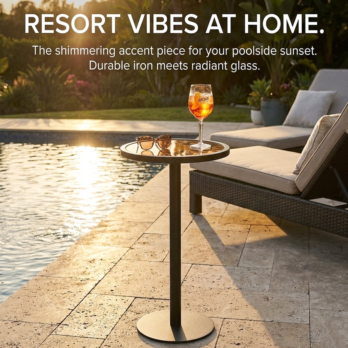 Black Drink Table, Indoor Outdoor Small Round Side Table with Glass Top & Vintage Scroll Design, 24.7" Pedestal End Table for Living Room, Patio, Industrial Modern Accent Table