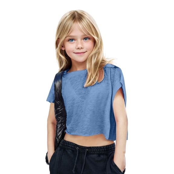 YOUYEDIAN Girls Open Back Crop Tops Y2k Yoga Short Sleeve Shirts Athletic Gym Workout Top Casual Backless Tees (Blue, 11-12 Years)