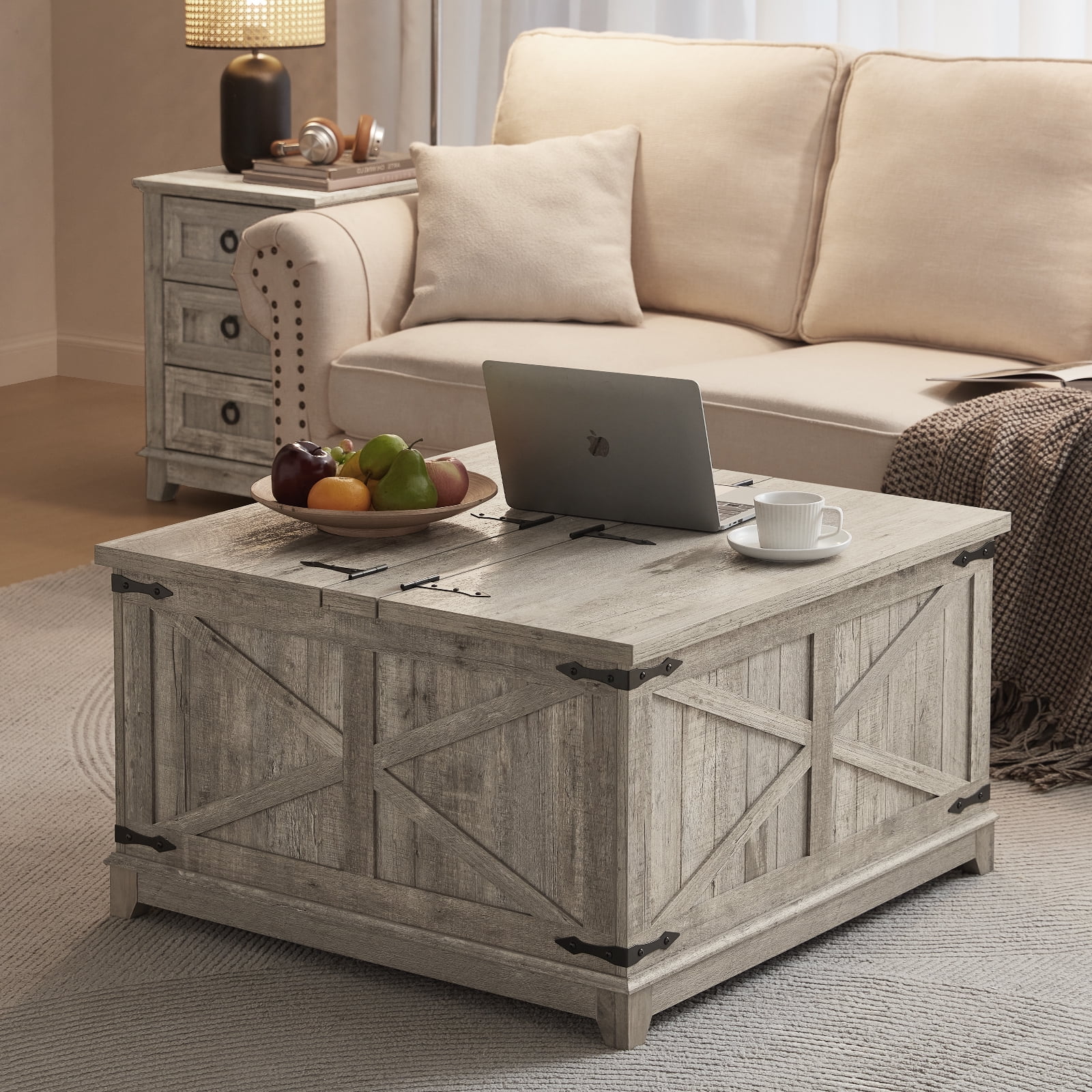 31.5" Large Farmhouse Lift Top Coffee Table, Square Living Room Table with Large Hidden Storage, Multi-Function Lift Wooden Barn Door Center Table, Grey Oak