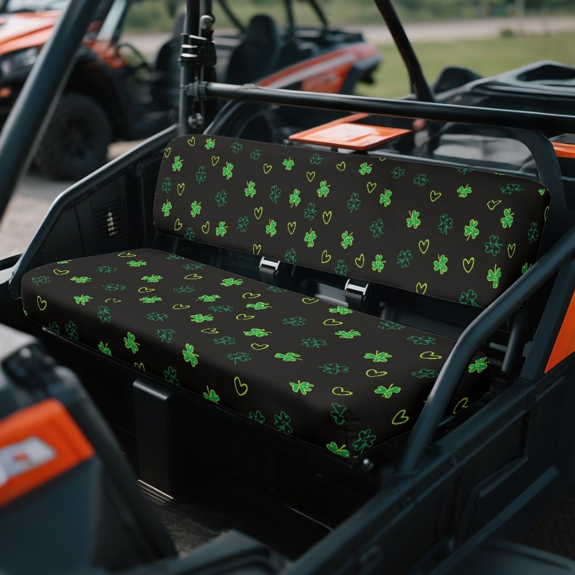 ZIATUBLES UTV Seat Covers 2 Pack, Black Clover Heart Print Waterproof Polyester Front Seat Protectors Compatible with Kawasaki Mule 3020 4000, St. Patrick's Day UTV Decor Accessory Part