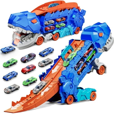 11 in 1 Dinosaur Toys for 3-7, Dinosaur Transport Truck with 8 Metal Cars, City Dinosaur Ultimate Hauler Track Toy, Transforms into Stomping Standing Dinosaur Toddler Toys Gifts for Kids Ages 3 