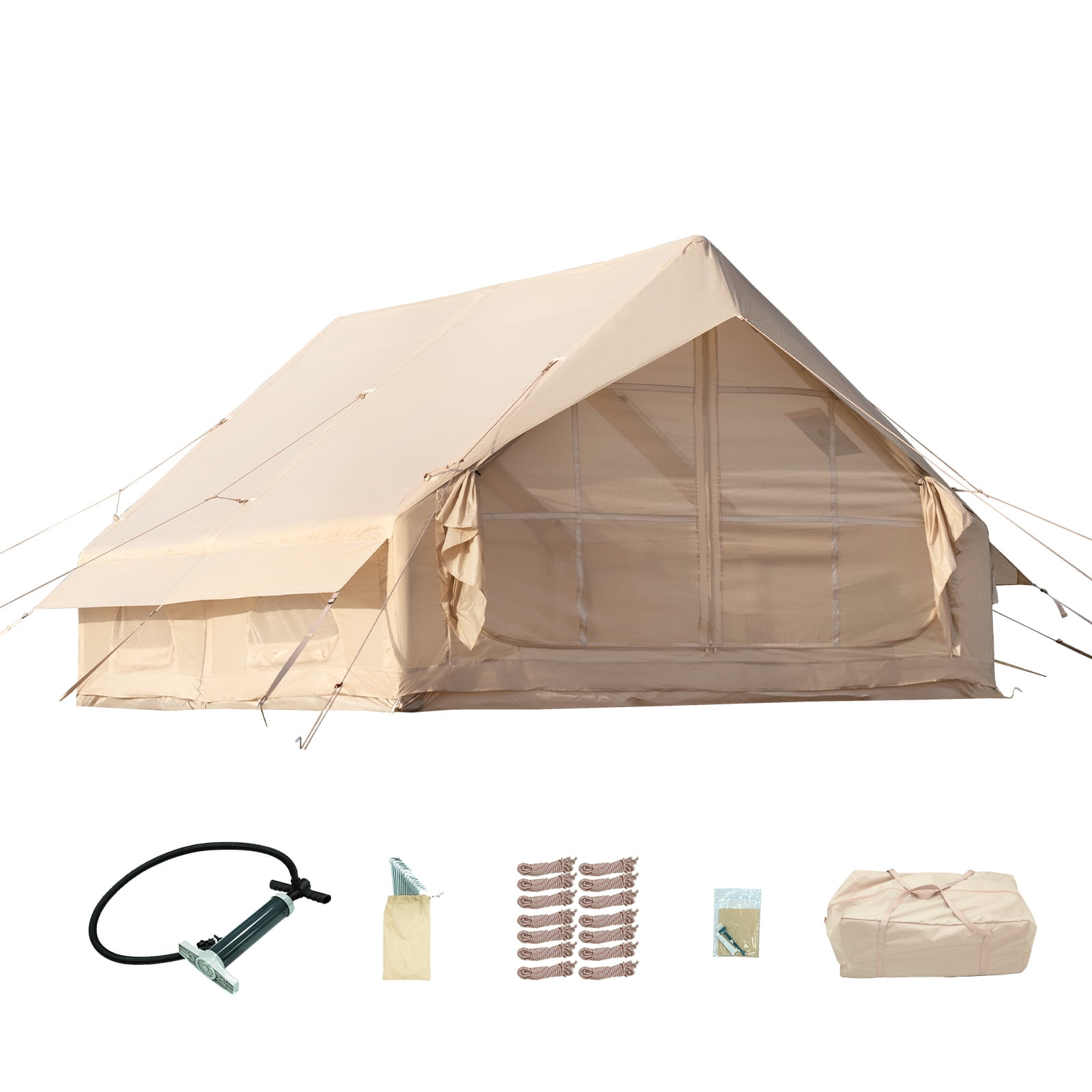 Waldmate Inflatable Camping Tent for 6-8 Person, Glamping Tent with Stove Jack Hand Pump, Oxford Waterproof Blow up Tent with Mesh Windows & Door