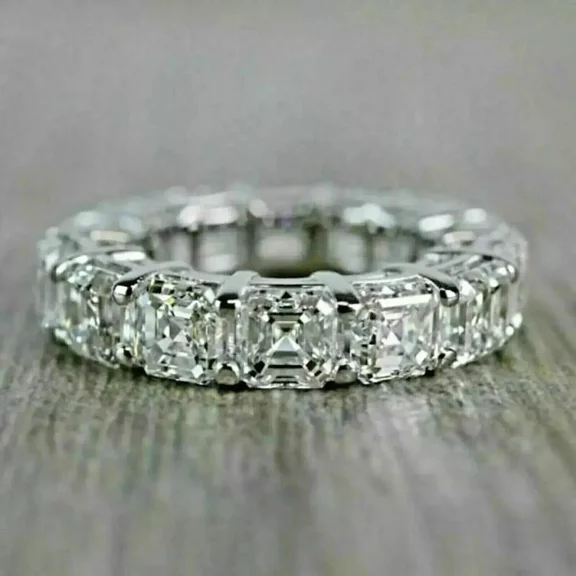 Moissanite 4Ct Asscher Cut Full Eternity Wedding Ring Band 14K White Gold Plated