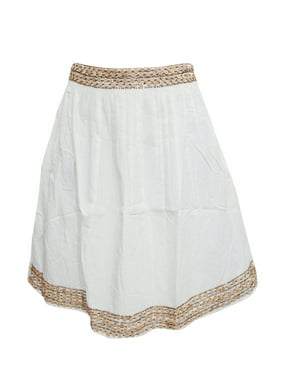 Mogul Women's Mini Skirt White Cotton Sequin Work Short Skirts