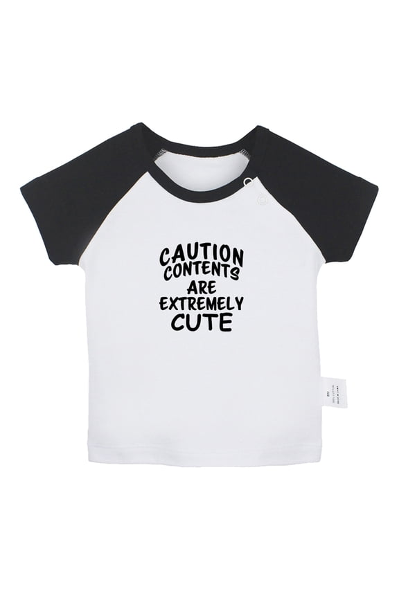 Caution Contents Are Extremely Cute Funny T shirt For Baby, Newborn Babies T-shirts, Infant Tops, 0-24M Kids Graphic Tees Clothing (Short Black Raglan T-shirt, 0-6 Months)