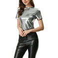 thumbnail image 5 of INSPIRE CHIC Women's Clubwear Short Sleeve Shiny Metallic Top M Dark Silver, 5 of 6