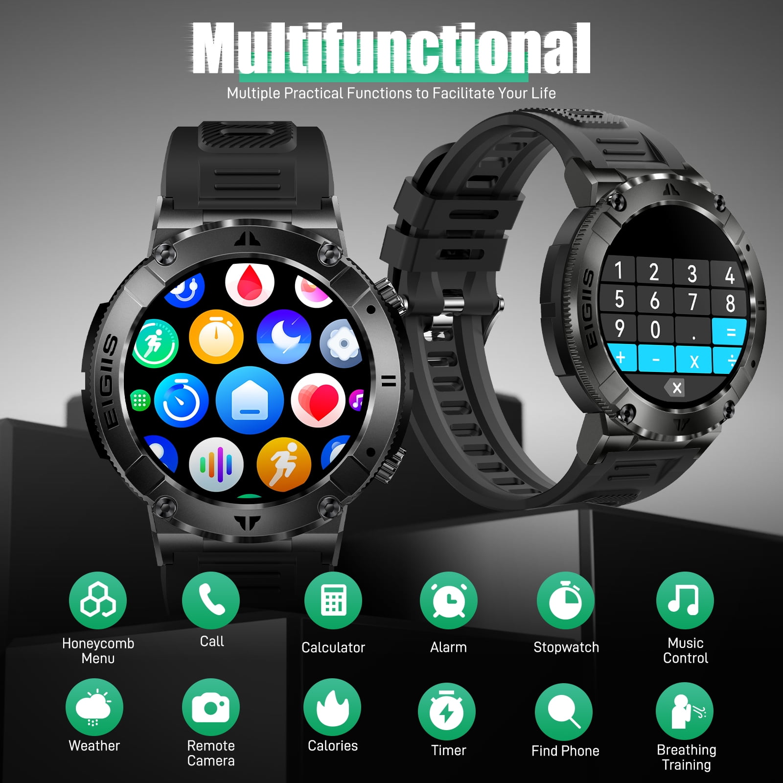 EIGIIS Military Smart Watch for Men 1.32" Outdoor Tactical Sports Smartwatch Multi strap combination Compatible iPhone Samsung