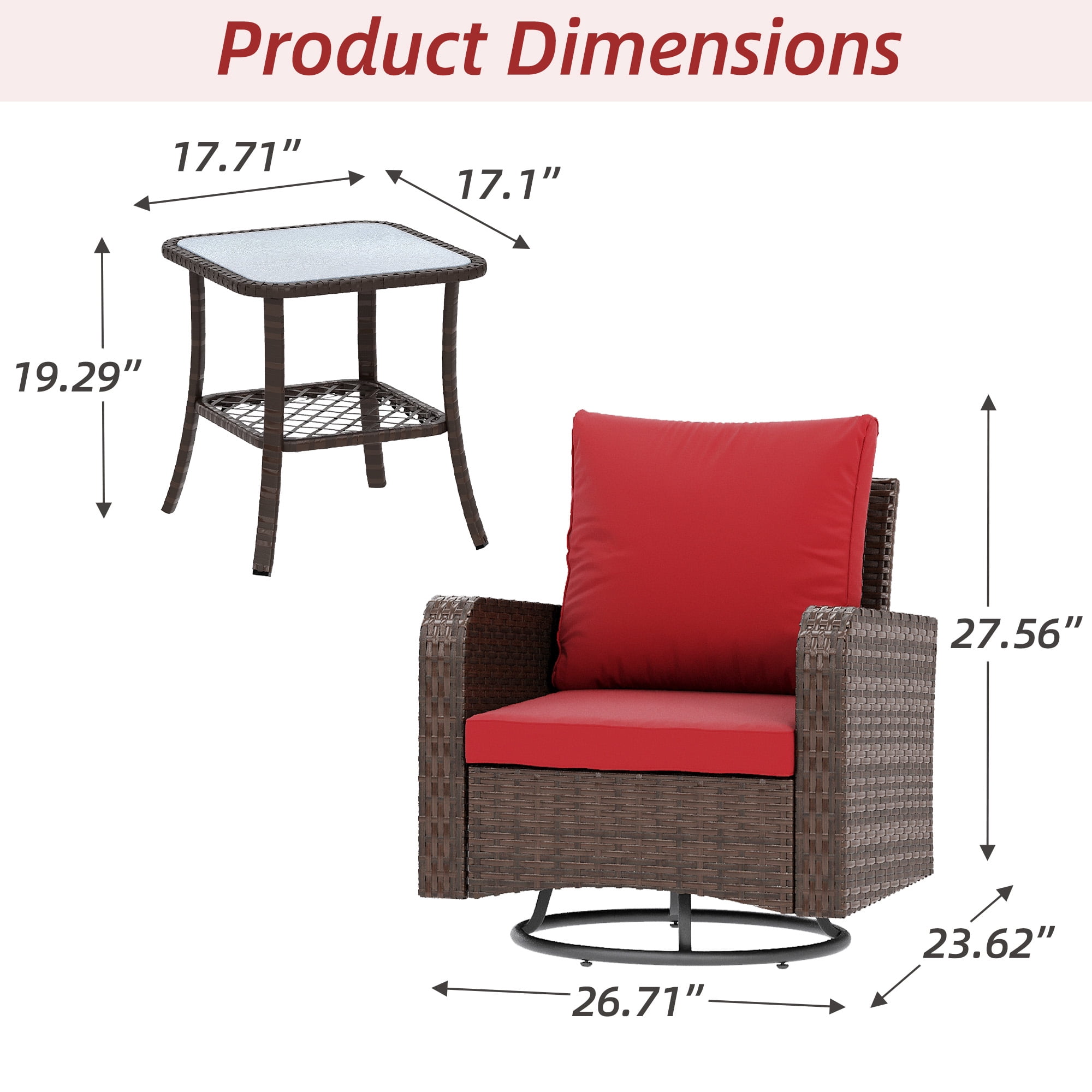 Homrest 3 Piece Outdoor Swivel Chairs -All Weather Wicker Patio bistro table and chairs set of 4 Small Patio Furniture Set for Balcony Porch Deck Backyard (Wine Red)