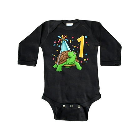 

Inktastic 1st Birthday Cute Turtle in Party Hat with Confetti Gift Baby Boy or Baby Girl Long Sleeve Bodysuit