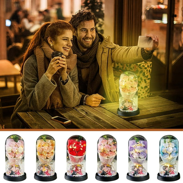 Sentmoon Valentine Decorations for Home Valentine Day Day Gift Glass Cover Practical Bouquet Soap Flower Night Light Birthday Gift Day For Girlfriend Girlfriend