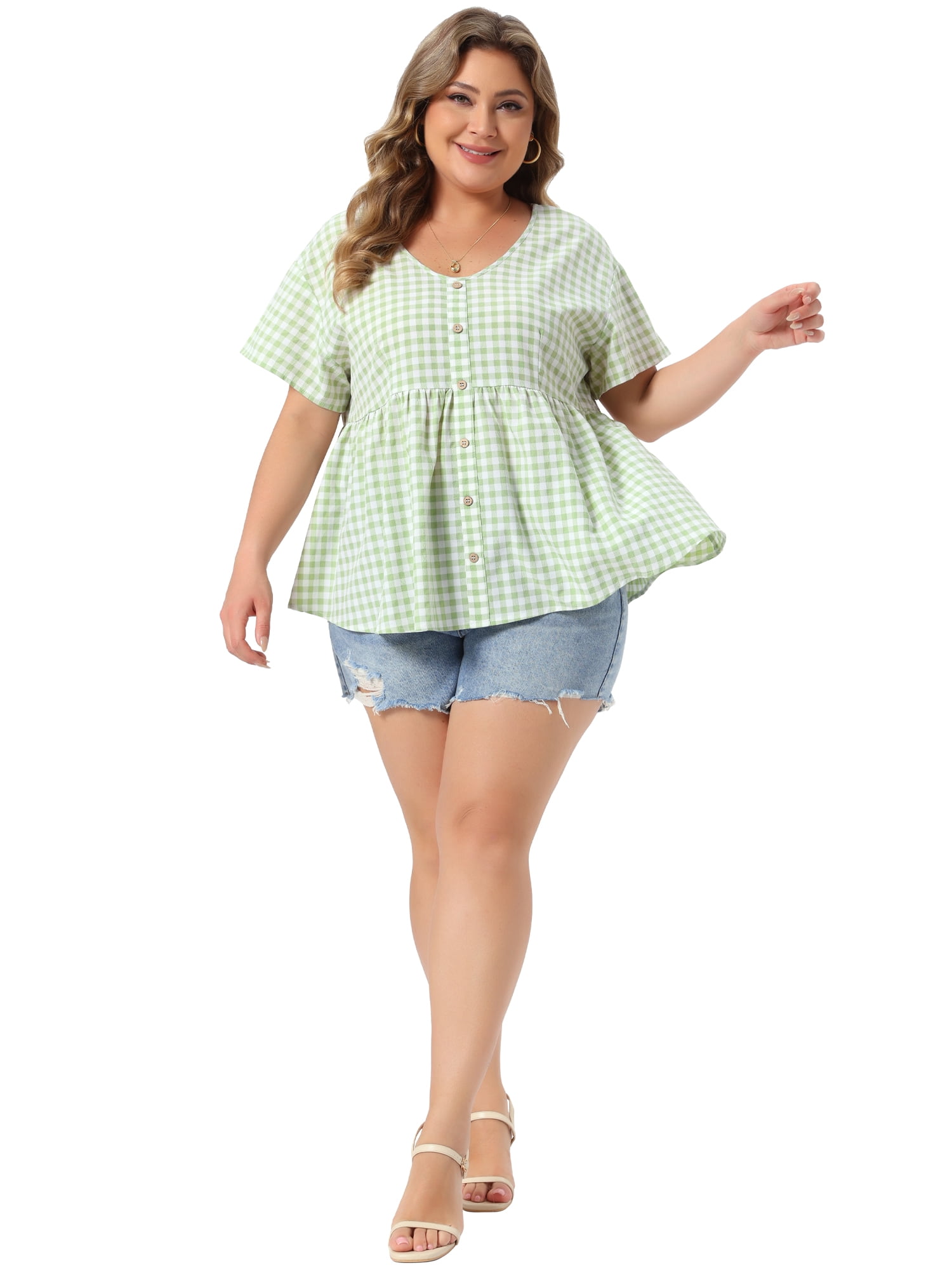 DARING DIVA Women's Plus Gingham Tops Plaid  V Neck Summer Babydoll Top 2X Light Green