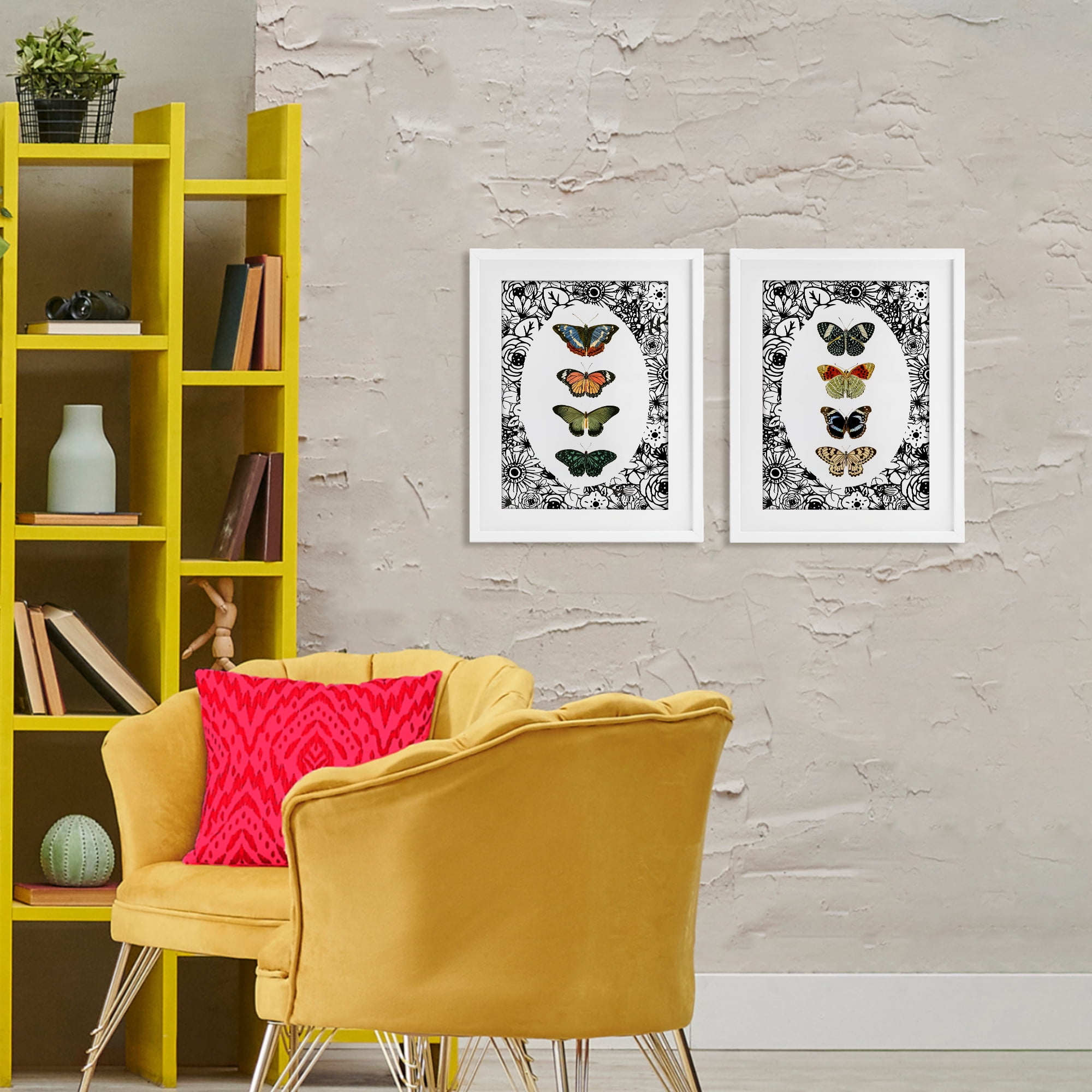 Stupell Industries Floral Butterflies Lineup 2 Piece White Framed Print Under Glass Set, design by Dan Meneely