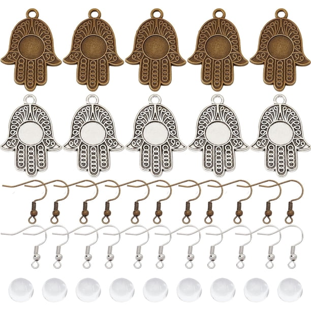 Kit para hacer aretes de cabujón (1 caja, 20 pares) con engaste de cabujón de 10 mm, biseles en blanco para aretes, aretes de cabujón de cristal con forma de mano de Fátima de la suerte.