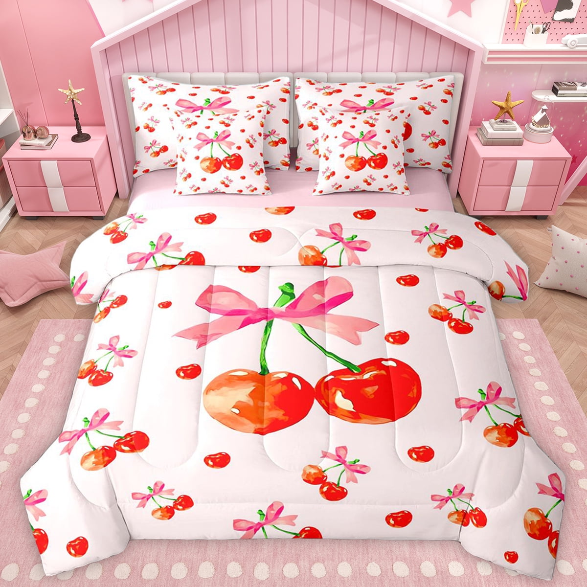 Homewish Red Cute Cherry 7 Pieces Bedding Comforter Set Pink Bow Tie Full Bedding Set Cartoon Bowtie Bowknot Fitted Sheet Flat Sheet For Teens Luxury Bedroom Decor Reversible