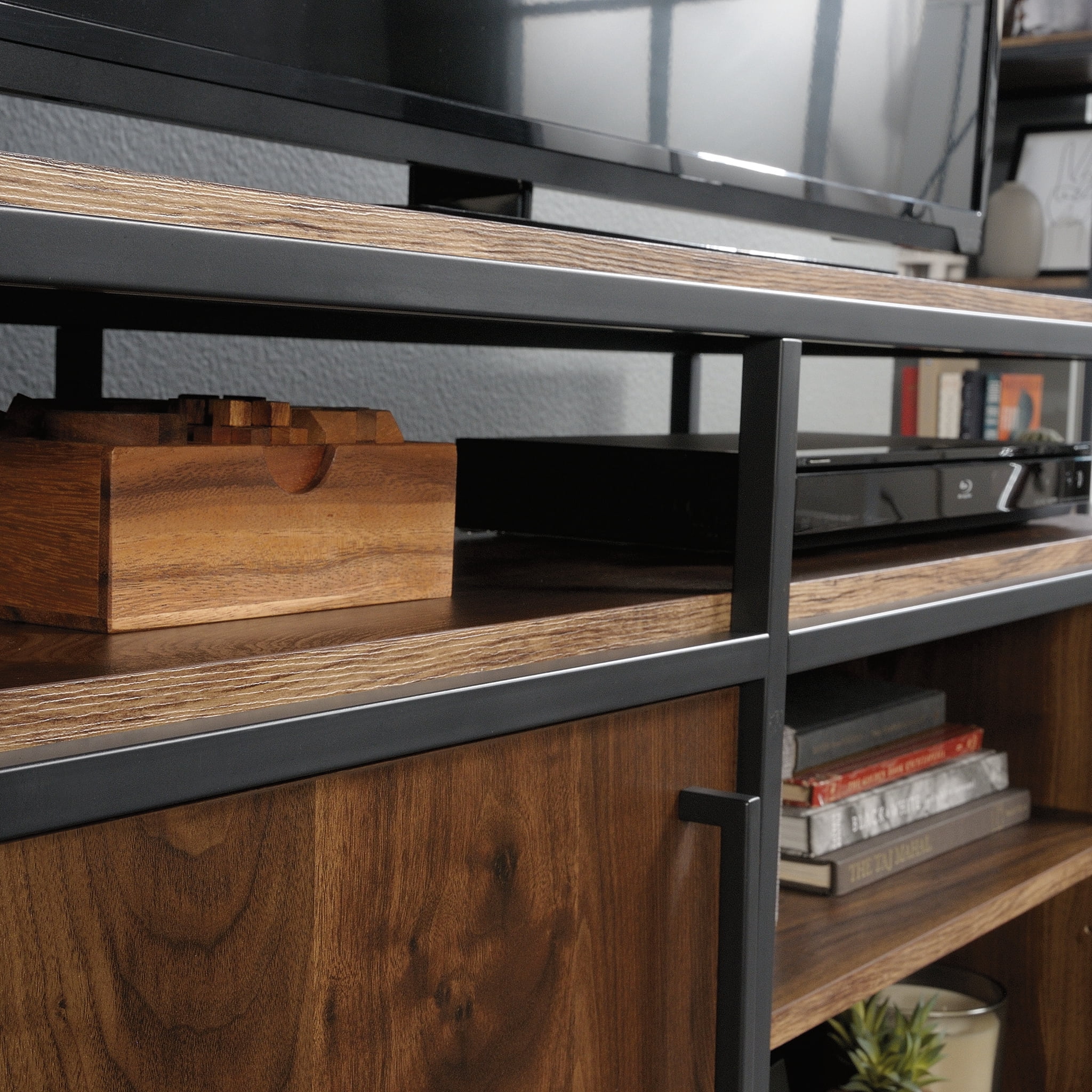 Sauder Nova Loft Metal & Wood TV Stand with Shelves & Storage for TVs up to 46", Grand Walnut Finish