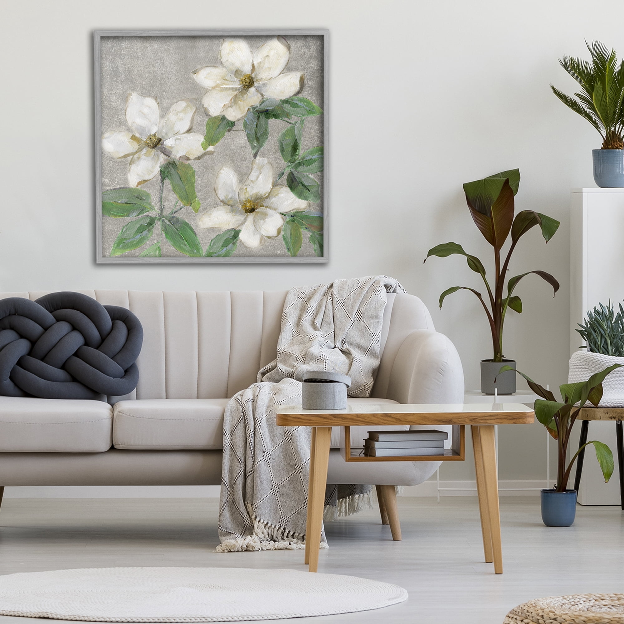 Stupell Industries Ivory Magnolia Trio Gray Framed Giclee Art, design by Sally Swatland