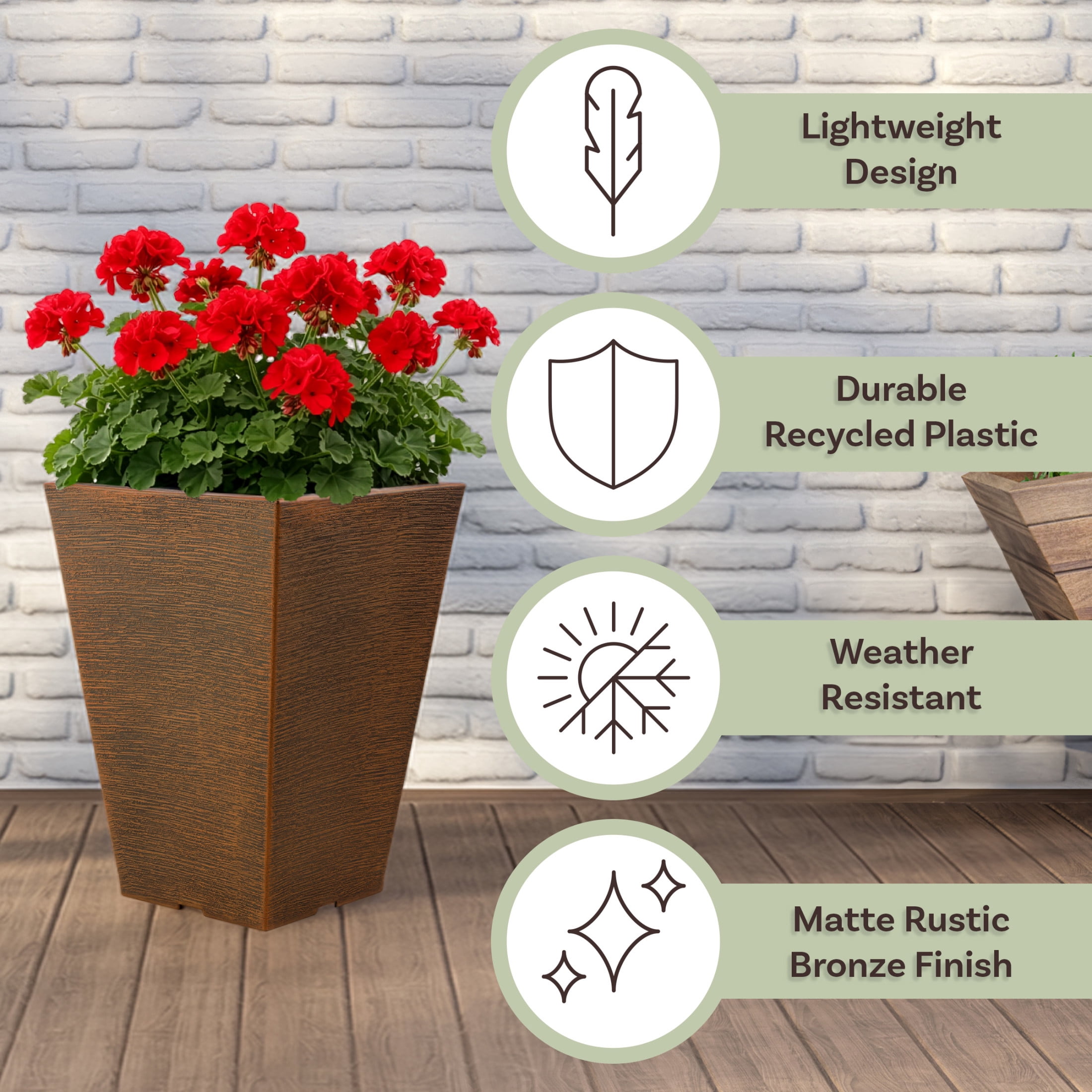 Pure Garden Large Outdoor Planters 2-Pack - 13.75” Tall Planters for Outdoor Plants or Indoors, Bronze