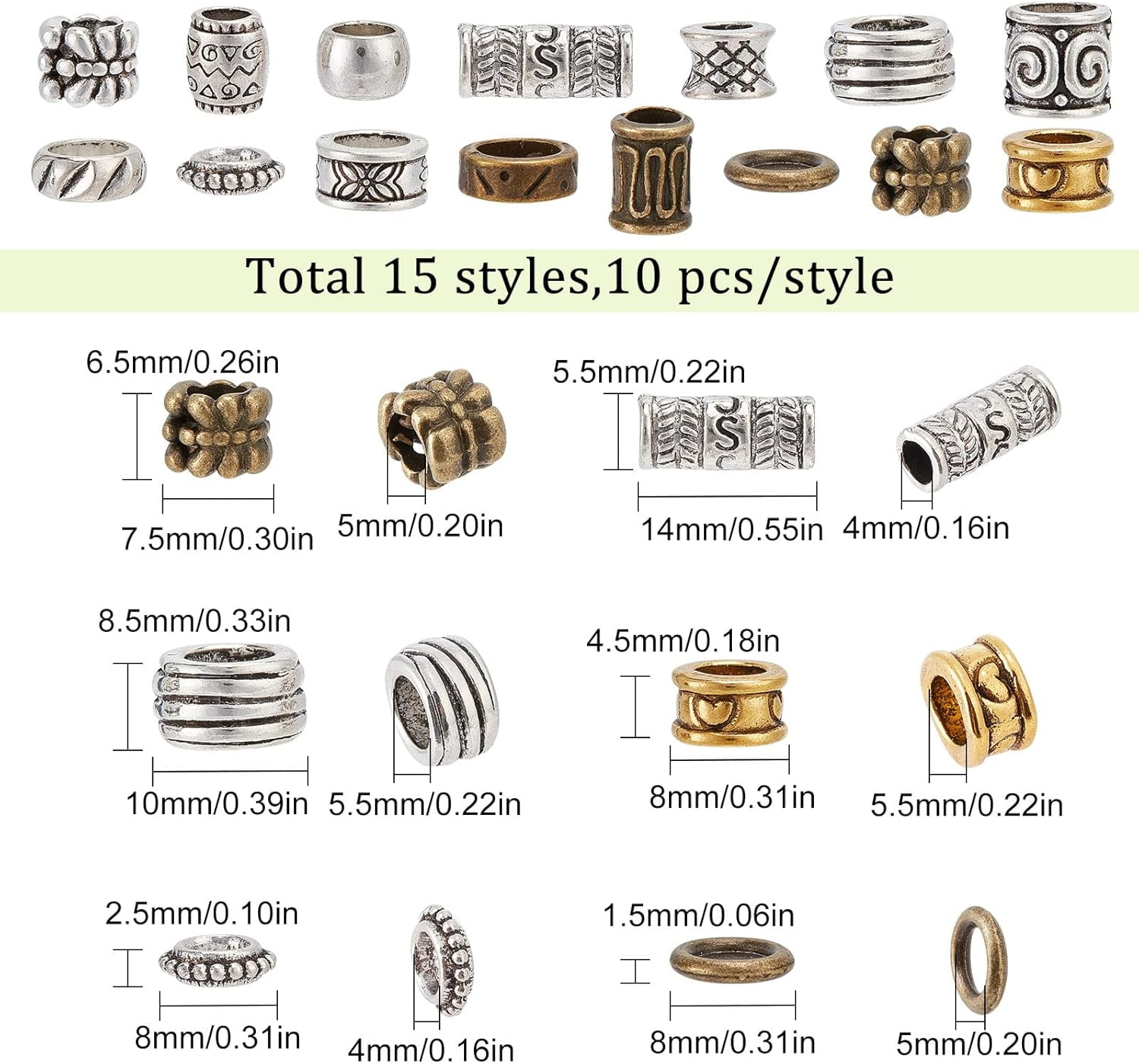 UNICRAFTALE 8pcs Antique Silver Paracord Beads - Stainless Steel Column Beads With 4.5~8mm Large Holes For Jewelry Making