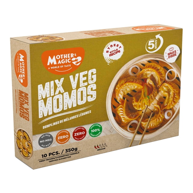 Mothers Magic Momos Mix Veg 350G, Mix Veg Momos – 350 g bag, frozen, 20 packs per case, convenient steam-ready snack, made with fresh vegetables and soft dough.