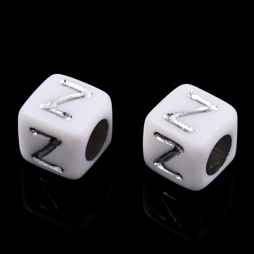 Plating Acrylic Beads Silver Metal Enlaced Mixed Letters Cube Letter A~Z 5.5~6x5.5~6x5.5~6mm Hole: 3.5mm 3000pcs/500g