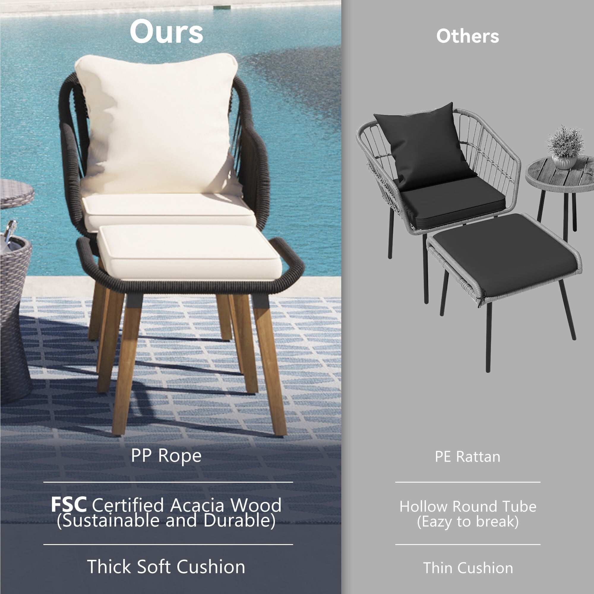 AENKYO 5-Piece Outdoor Rope Woven Patio Conversation Set with Pop-Up Cooler Bar Table, Black Rope with Off-White Cushions