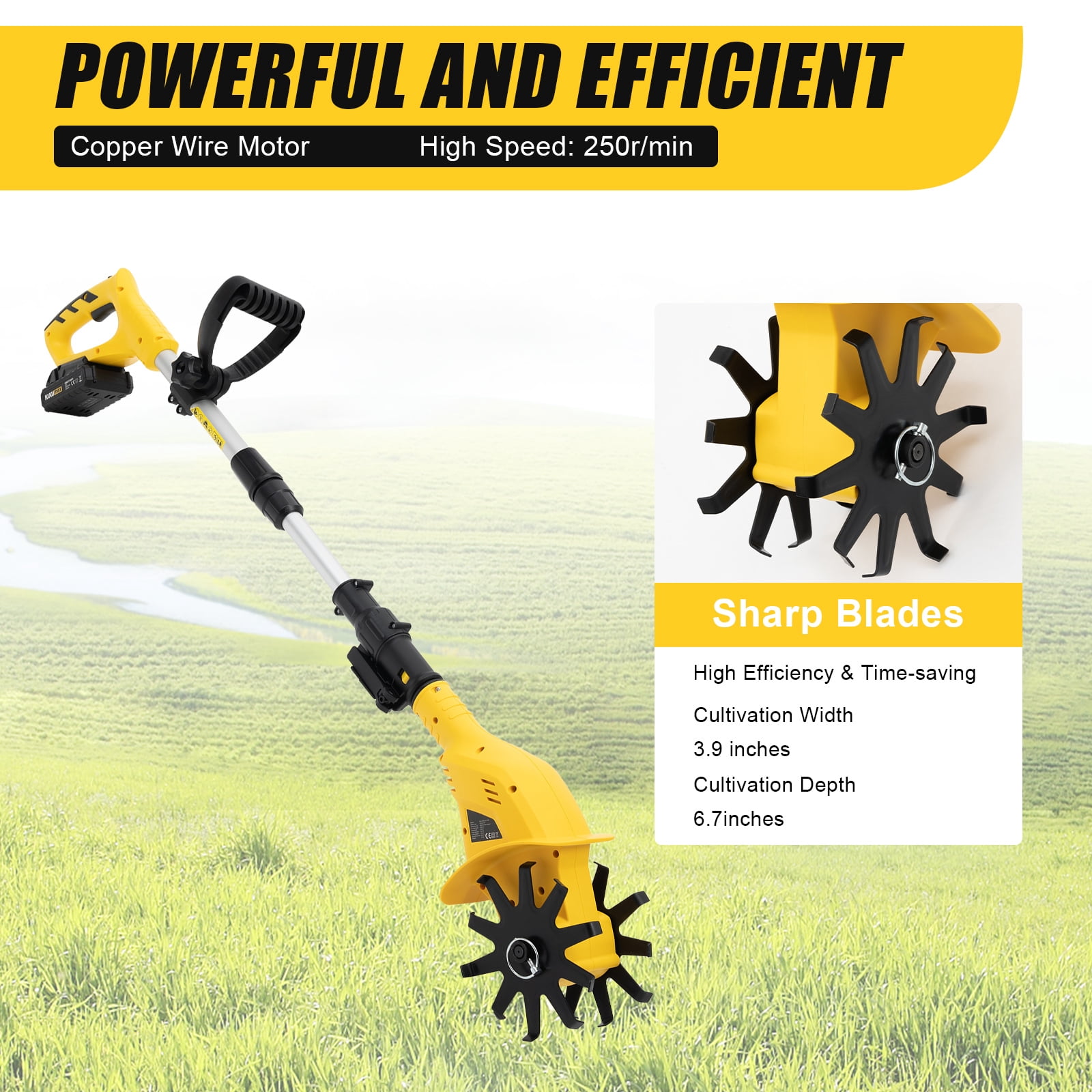 Fichiouy Cordless Tiller Battery Powered Cultivator Cultivating Tools for Garden Yard