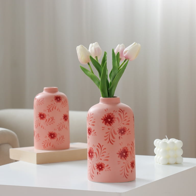 Mainstays Pink Flower Ceramic Vase - 7.6 Tall - Floral Motif