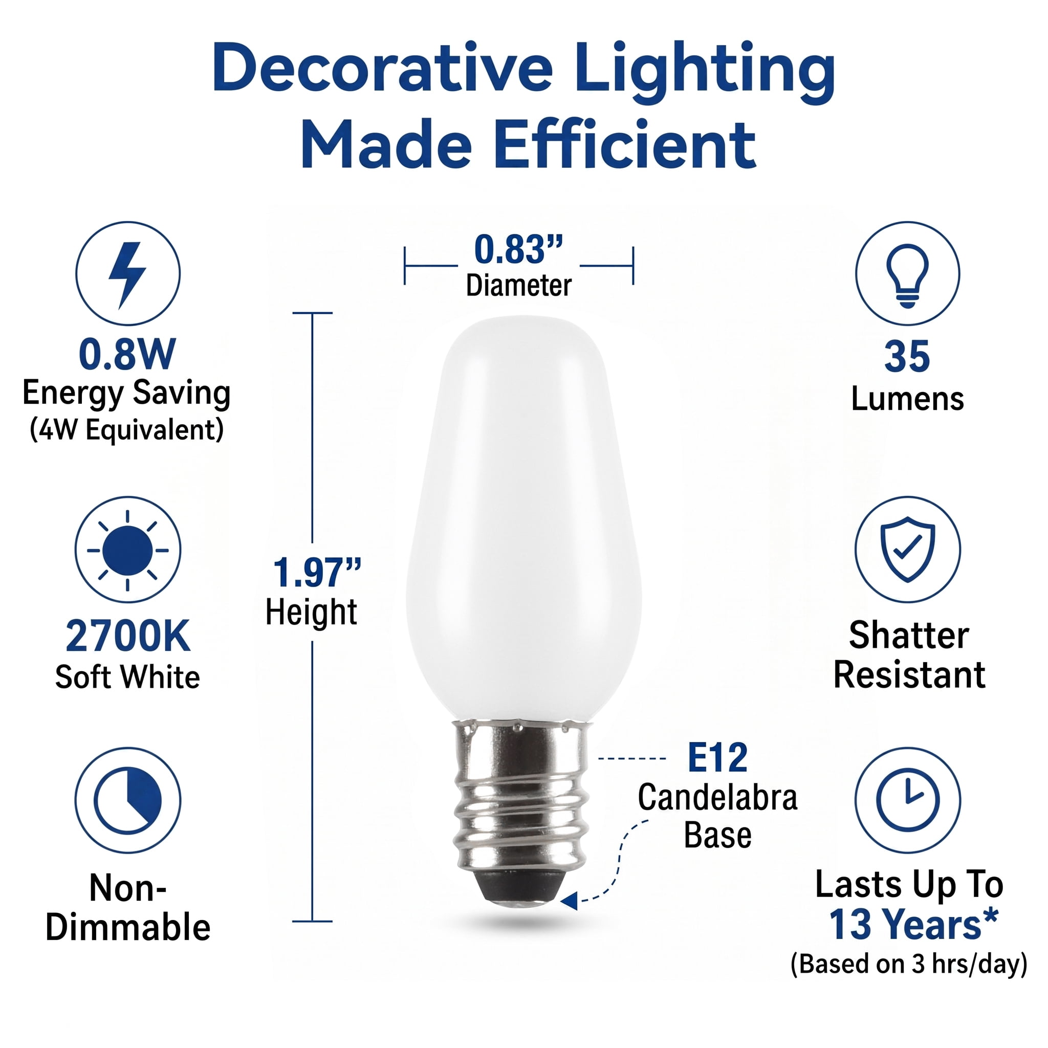 (4 pack) Great Value LED C7 Decorative Light Bulbs, Soft White 2700K, E12 Candelabra Base, 0.8W, 4-Pack