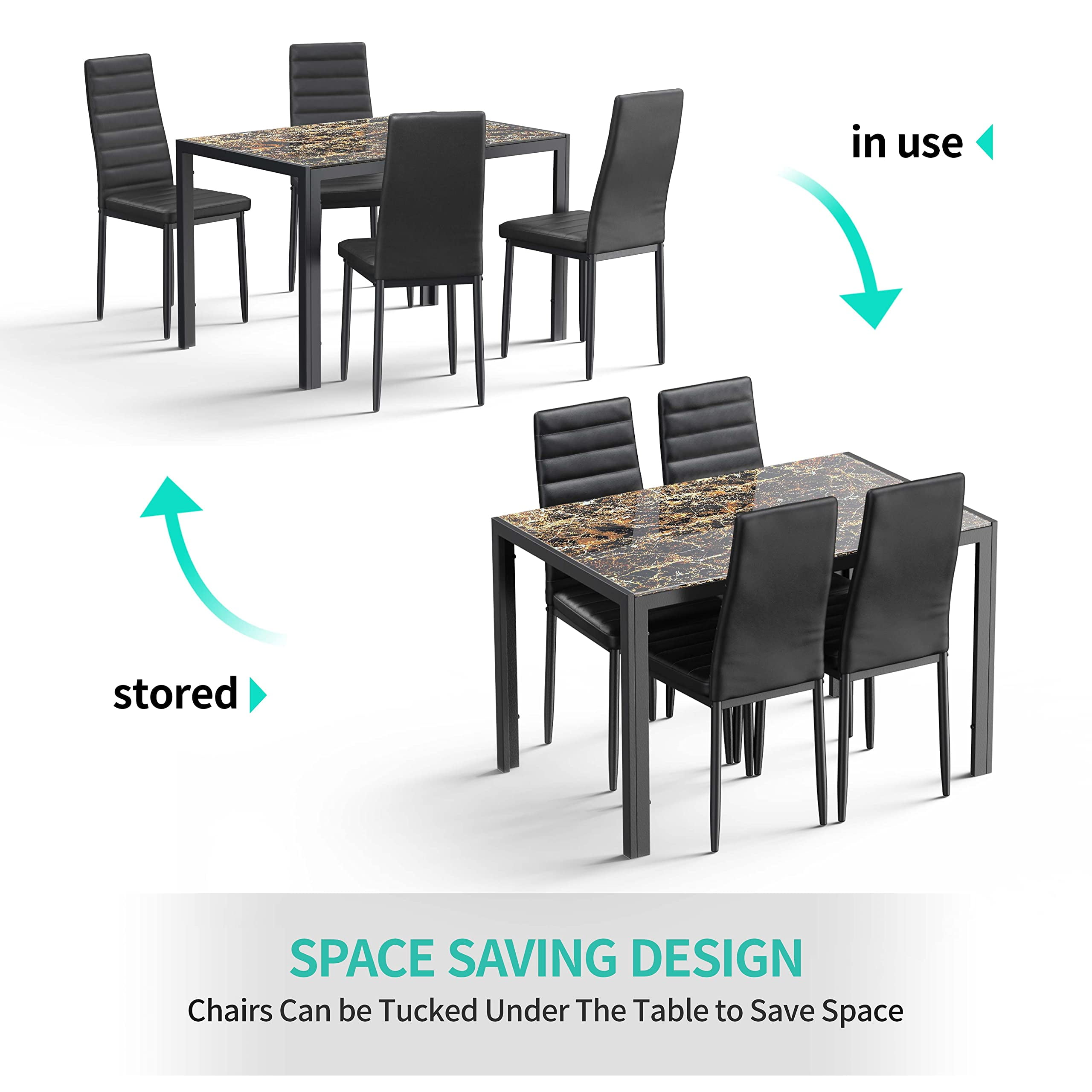 Lofka Tempered Glass Dining Table Set for 4, Kitchen Table with 4 Back Support Chairs for Meals, Marble