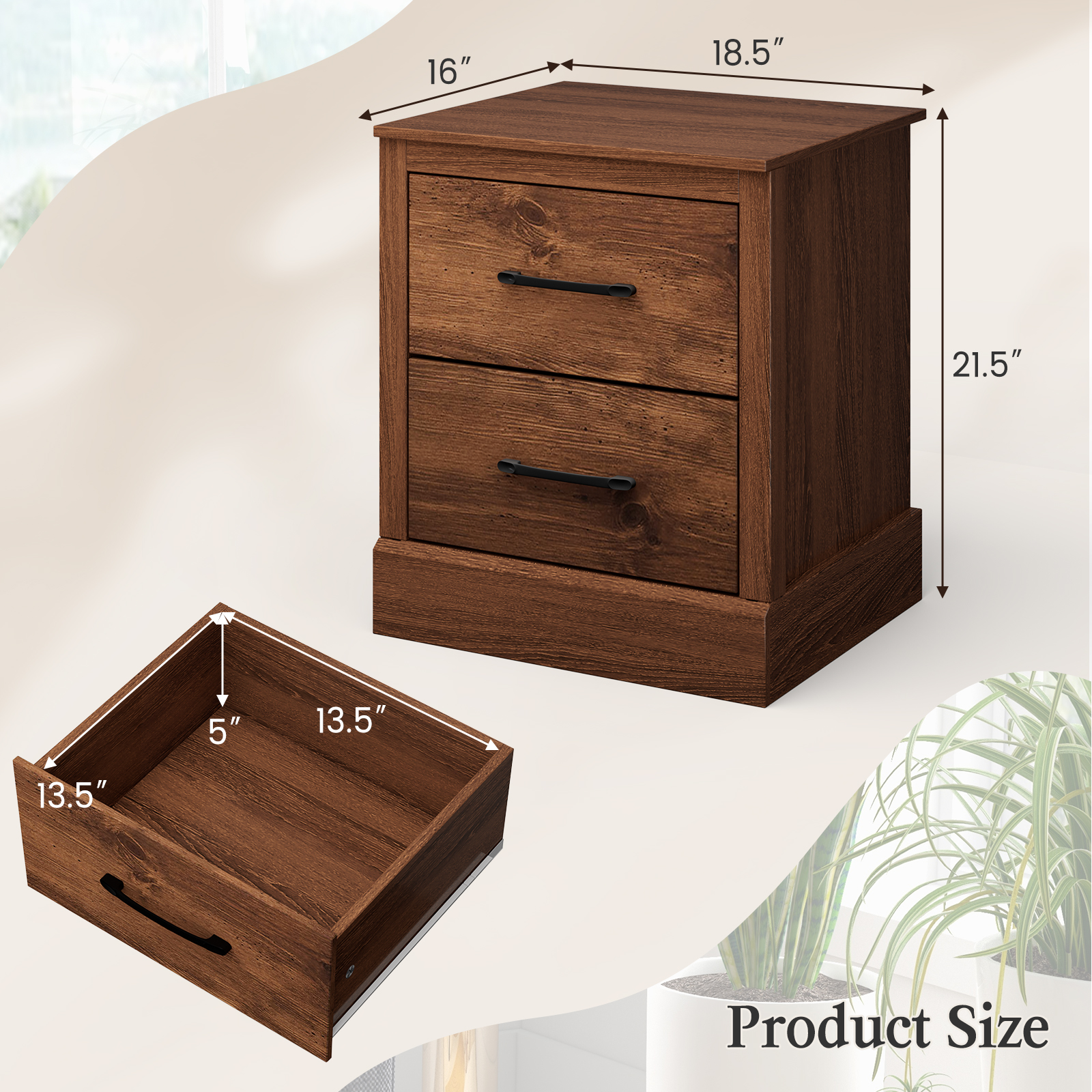 Costway 2 Drawer Nightstand Bedside Table Compact Sofa End Table Rustic Walnut