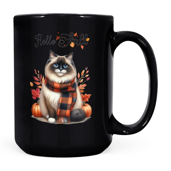 Hello Fall Ragdoll Scarf Welcome Autumn with Leaves Pumpkins Mug Cat Lover Kitten Owner Gifts Idea Coffee Tea Cup - 00011