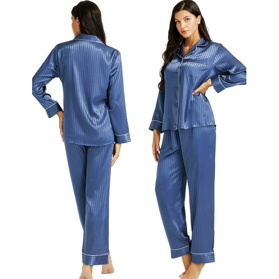 LONXU Womens Satin Pajama Set Long Sleeve Lounge Sets Two Piece Button Down Shirts and Pants PJs Soft Sleepwear Set Plus XS-XXXL