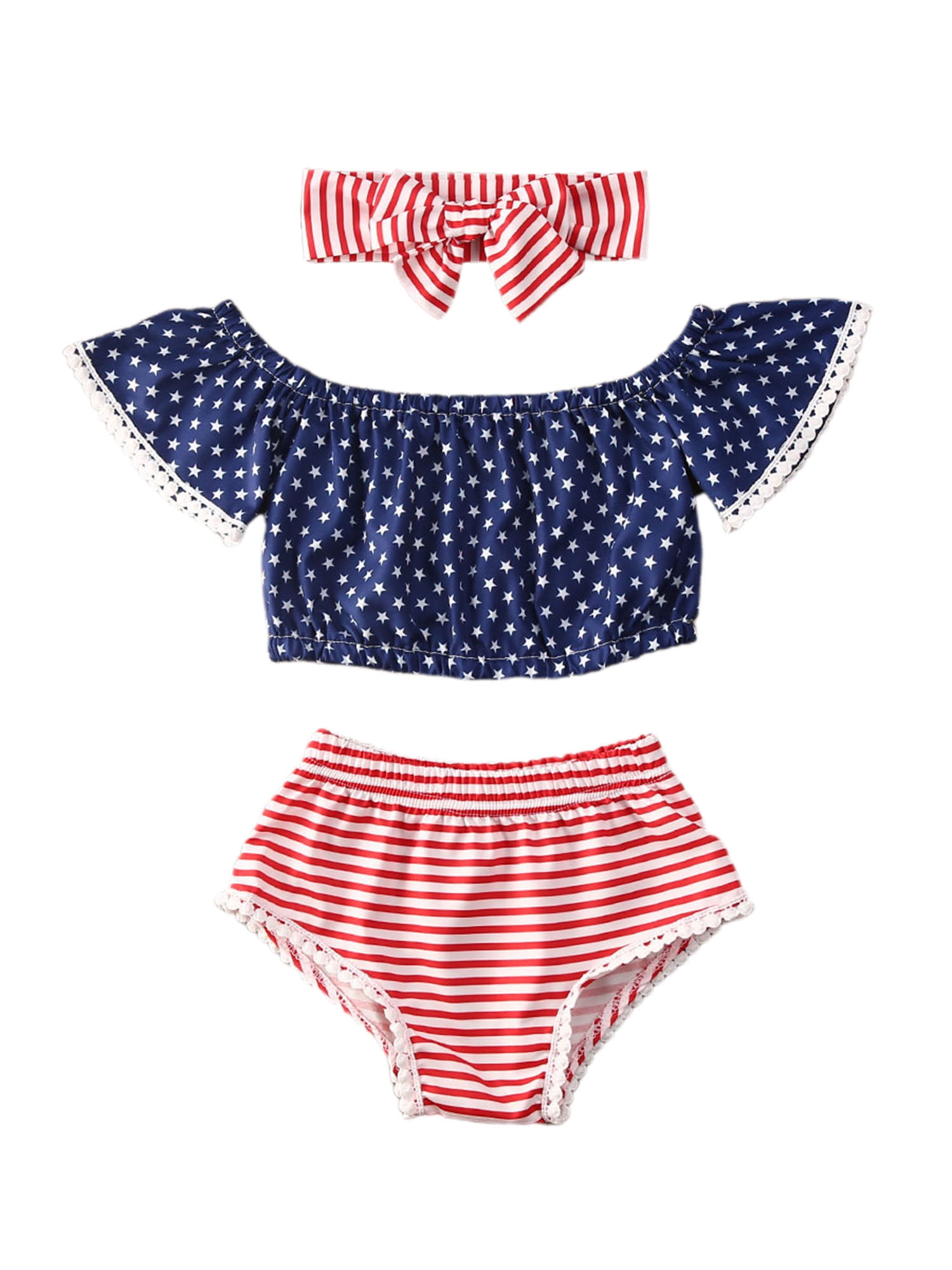 ADDRUALI0 Independence Day 3Pcs Outfits Newborn Kids Baby Girl Star Off Shoulder Crop Top Headband Bowknot Striped Shorts 