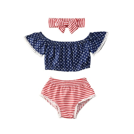 

2Pcs Infant Baby Girl 4th of July Star Stripe Romper Dress Headband Clothes Outfit Set