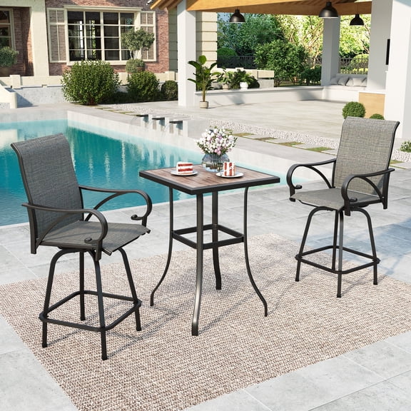 Summit Living 3-Piece Outdoor Swivel Bar Stool Set with 2 Patio Metal Bar Stool Height Chairs and 1 Bistro Bar Table, Black & Grey