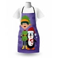 thumbnail image 3 of Elf Apron, Cheerful Elf and Penguin Celebrating Merry Christmas Holiday Theme, Unisex Kitchen Bib with Adjustable Neck for Cooking Gardening, Adult Size, Blue Violet Multicolor, by Ambesonne, 3 of 4