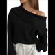 thumbnail image 1 of Suéter de Punto de Larga con Hombros Descubiertos para Mujer, Suéter Informal Holgado de Gran Tamaño, Tops de Punto Vintage A . Negro L, 1 of 6