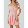 thumbnail image 4 of SUNSIOM Women Summer Short Dress, Solid Color Ruched Bust Boat Neck Off Shoulder Puff Sleeve A-Line One Piece for Ladies, 4 of 8