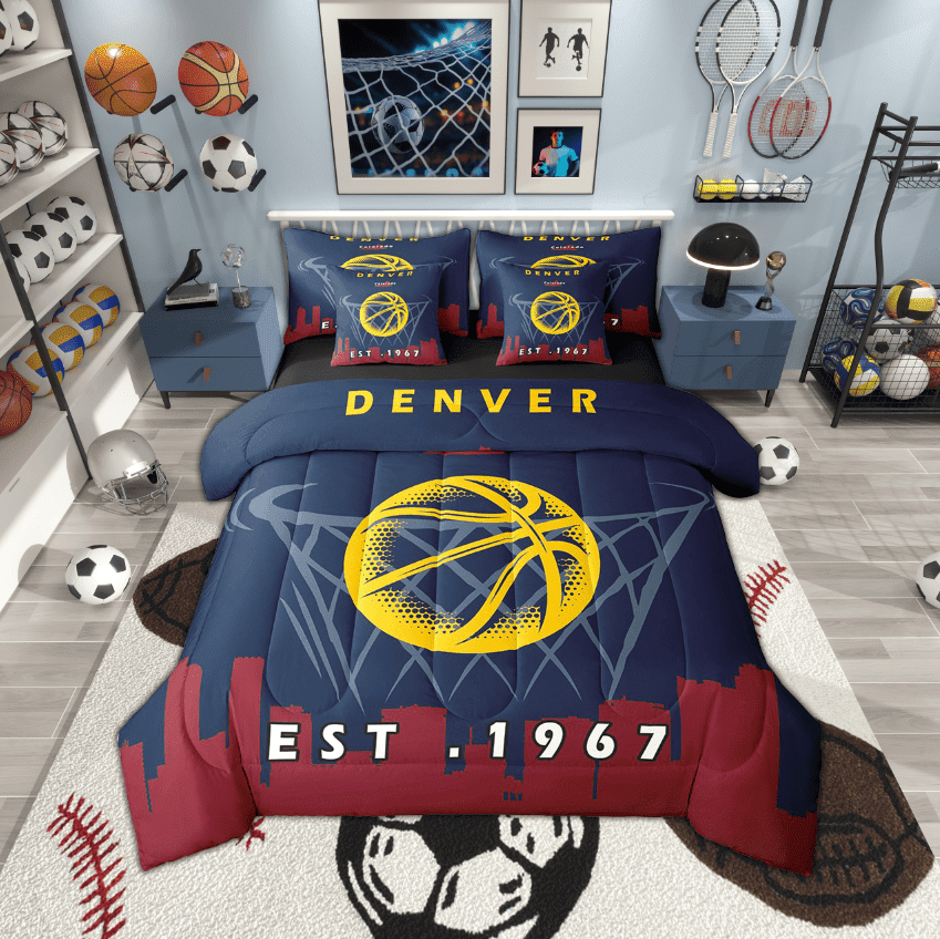 Set di biancheria da letto 200x200cm per bambini con campo da basket e pallacanestro, per ragazzi e ragazze, set di biancheria da letto sportivo traspirante a tema sportivo, con inserto/trapunta