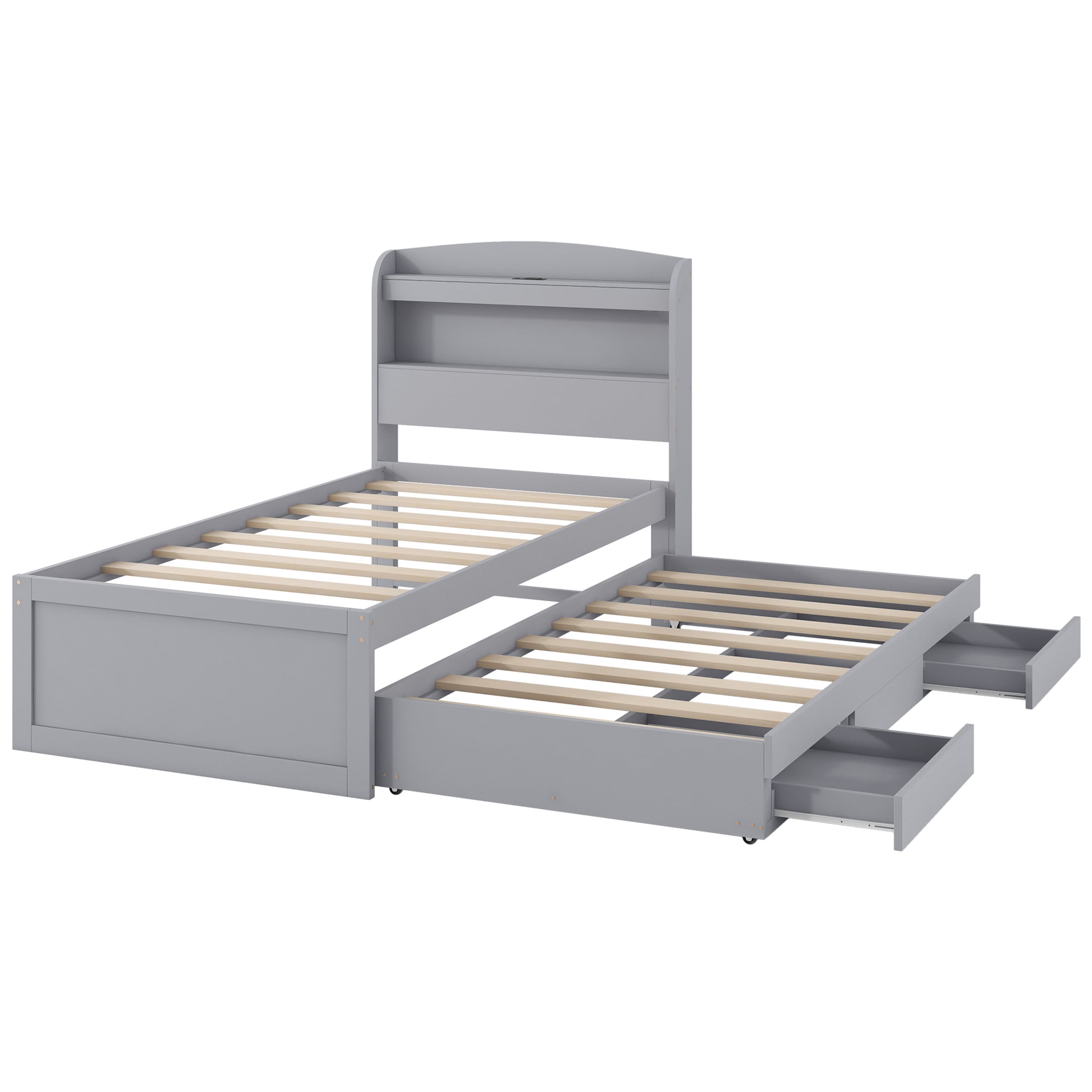 Noble House Arley Twin XL Platform Bed with LED Storage Headboard, Charging Station and Integrated Trundle, Gray