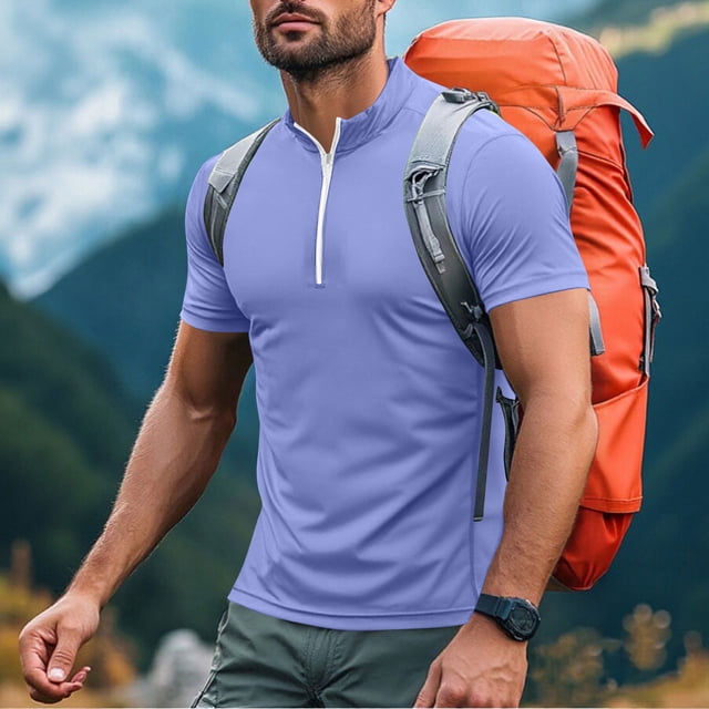 Blusa y camisa de manga corta con cuello alto para hombre, de verano, de color liso, ajustada, deportiva, con cremallera, de manga corta, con cuello alto.
