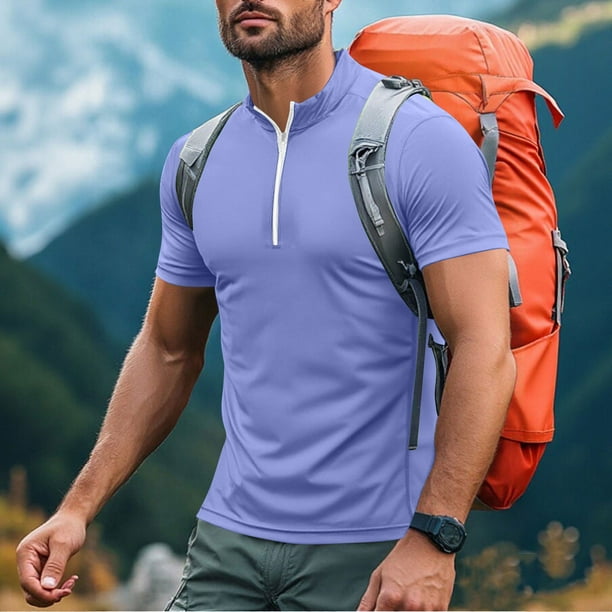 pstuiky Mangas cortas para hombre, Camiseta deportiva de verano para hombre, de color liso, ajustada, con cremallera, de manga corta y cuello alto camisas casuales para hombre xxxl