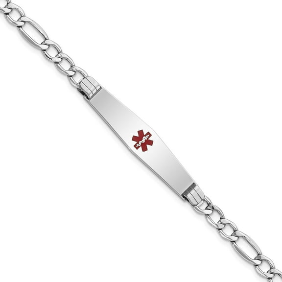 14K White Gold Wg Semi-Solid Medical Soft Diamond Shape Red Enamel Figaro Id Bracelet (7 X 9) Made In United States xm592ccw-7
