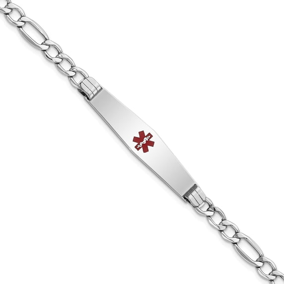 14K White Gold Wg Semi-Solid Medical Soft Diamond Shape Red Enamel Figaro Id Bracelet (7 X 9) Made In United States xm592ccw-7