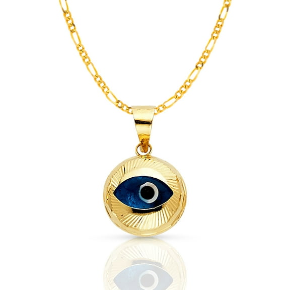 14K Yellow Gold Blue Evil Eye Fluted Round Charm Pendant with 2.3mm Figaro 3 1 Chain Necklace