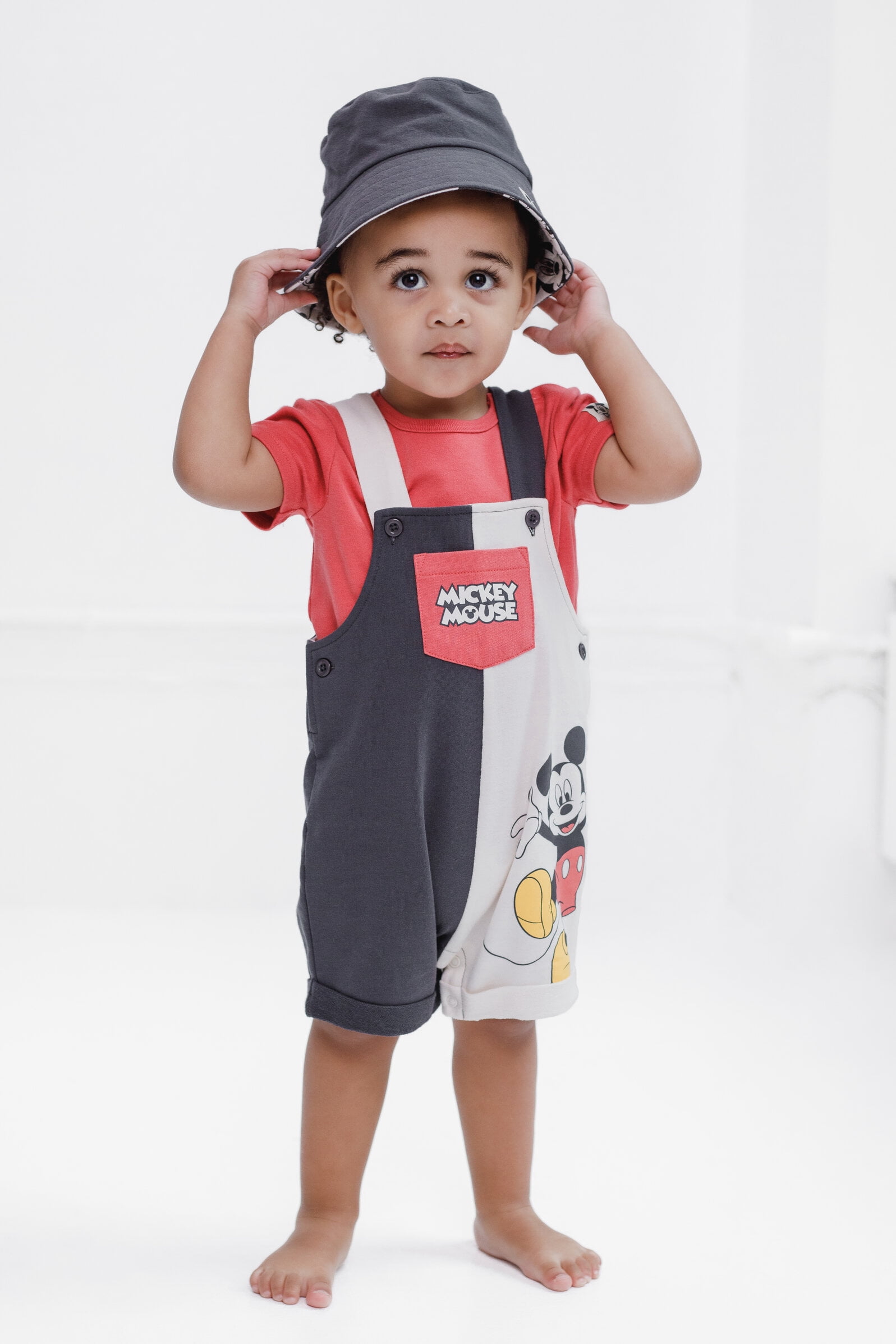 Disney Mickey Mouse Baby Boys' Tee and Shortall Set with Bucket Hat Mickey Mouse Grey Red