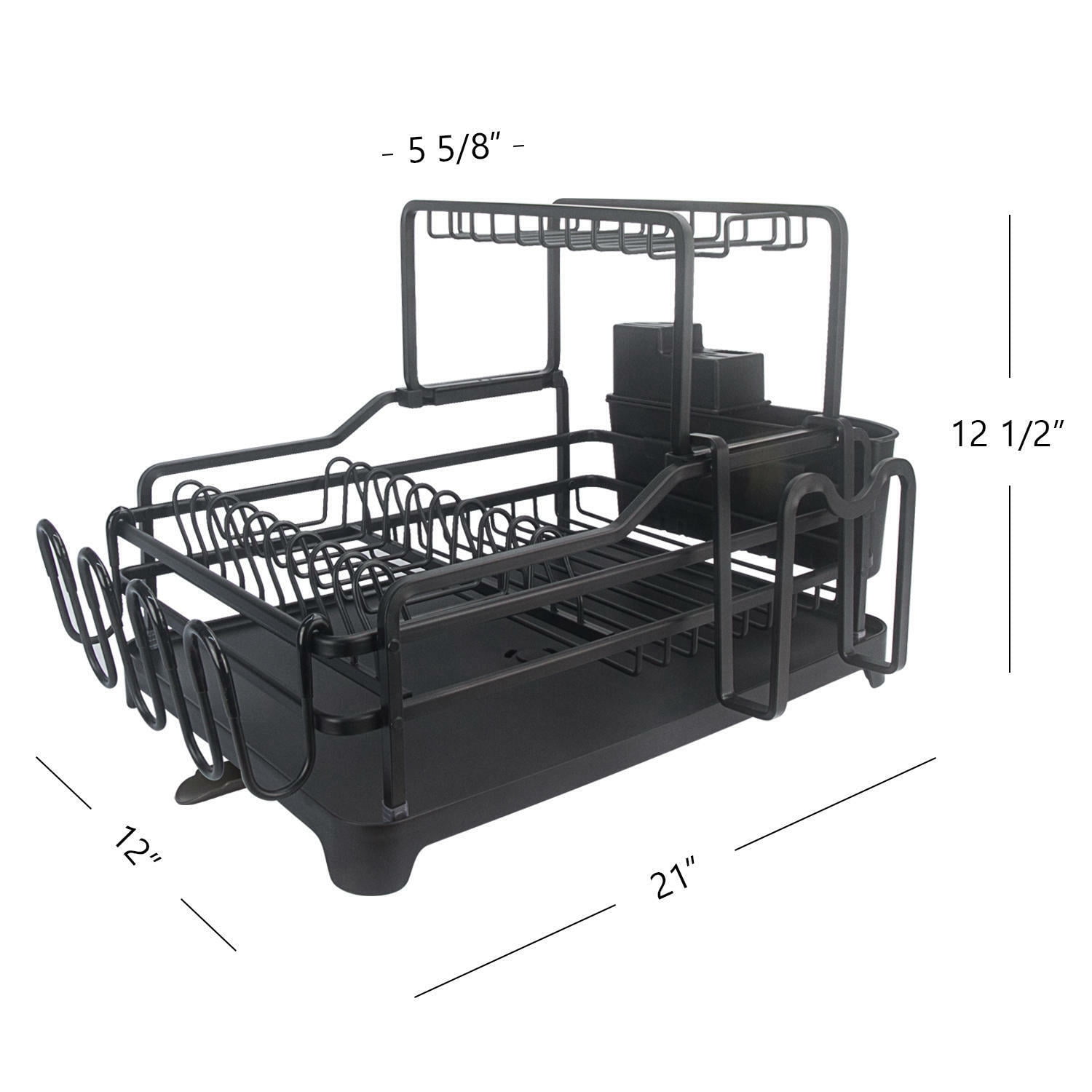 Evelyne GMT-10353-A Black Aluminum Dish Drying Rack with Utensil Holder - 2 Tier Kitchen Countertop Rust Proof Dish Rack and Drainboard Set - Large Dish Organizer Rack