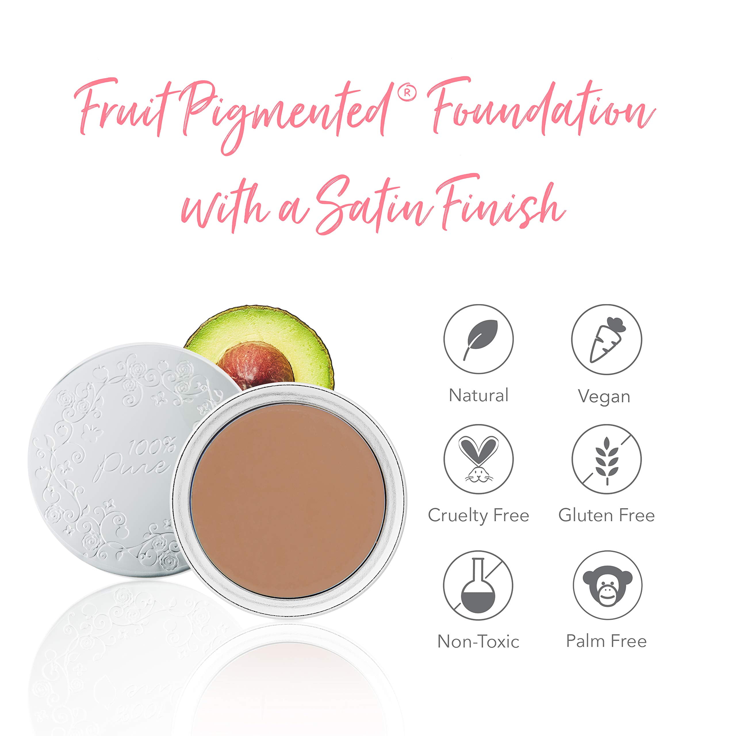 100% PURE Cream Foundation Concealer Face Makeup Medium to Full Matte Coverage - Vegan Fruit Pigmented Toffee Color (Tan with Neutral Undertone) - 0.32 oz