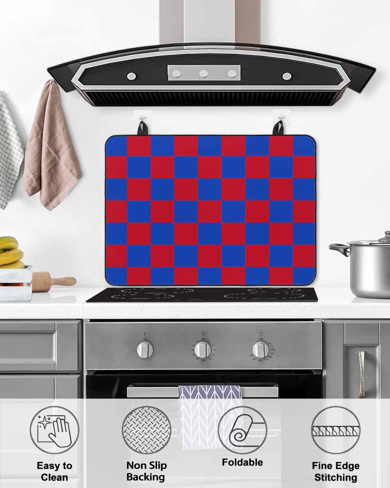 nqOlkjepod Large Induction Cooktop Protector Mat 24"x21", 4th of July Stove Top Covers for Electric Stove, Red Blue Plaid Checkered Independence Day Stove Burner Cover Mats, Glass Top Stove Cover